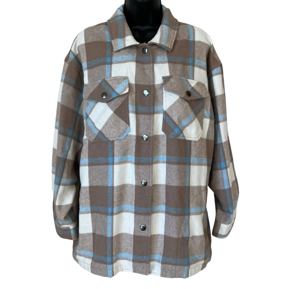 HFX Womens Plaid Flannel Shirt Jacket Beige Blue Snap Closure
